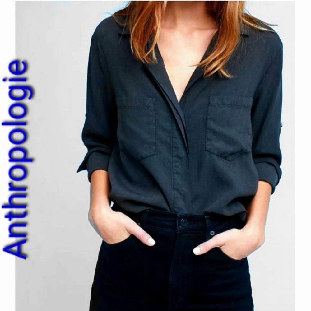 XS/S ANTHROPOLOGIE Raw Hem Button-down Navy Shirt by Cloth and Stone